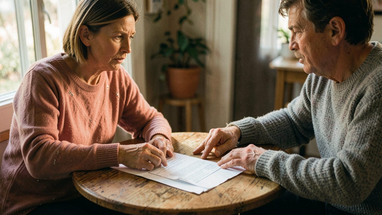 Two people reviewing an agreement with a clear boundary in a realistic editorial scene.