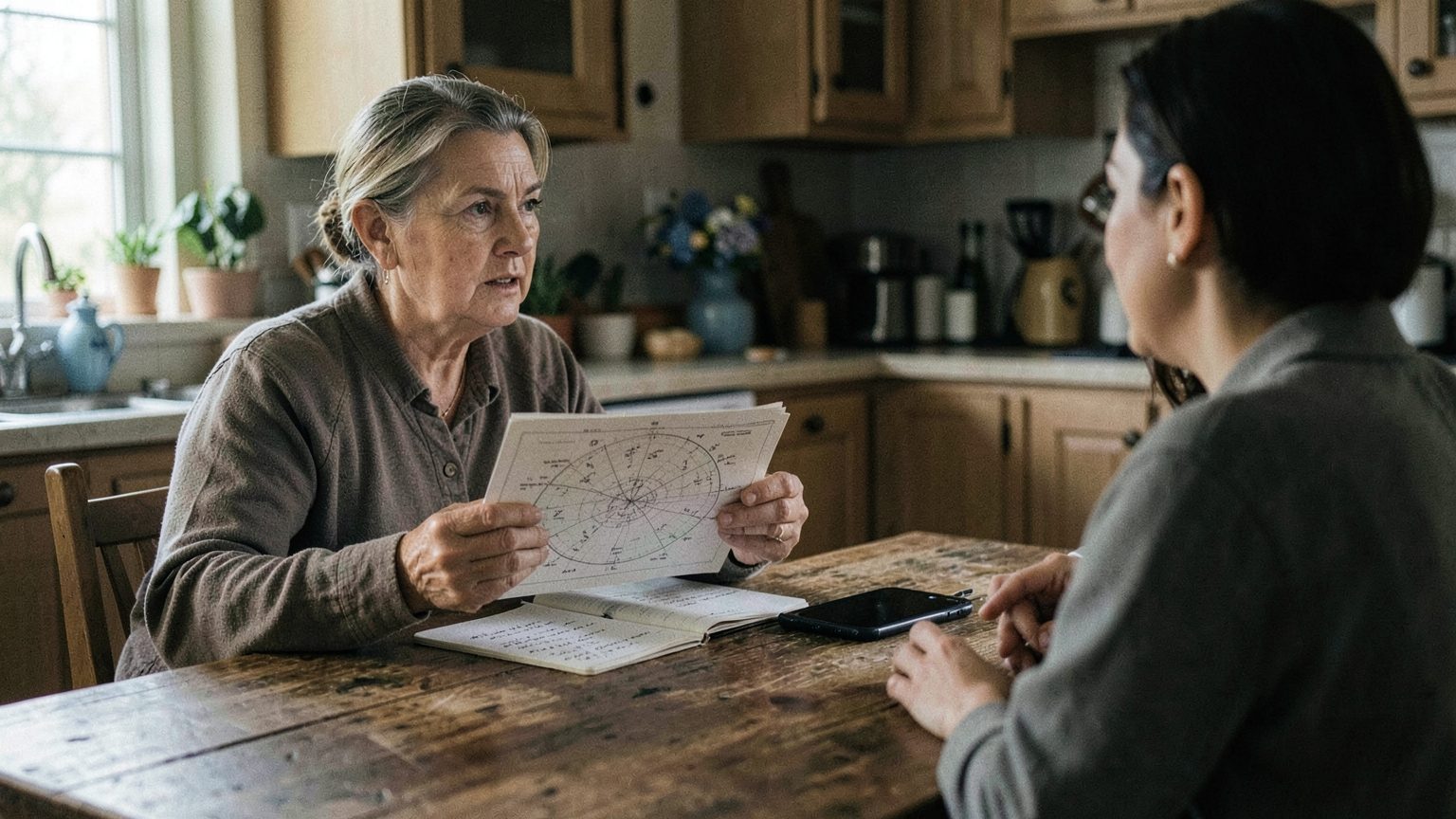 A person reviewing a birth chart at a table while weighing diplomacy against people-pleasing.