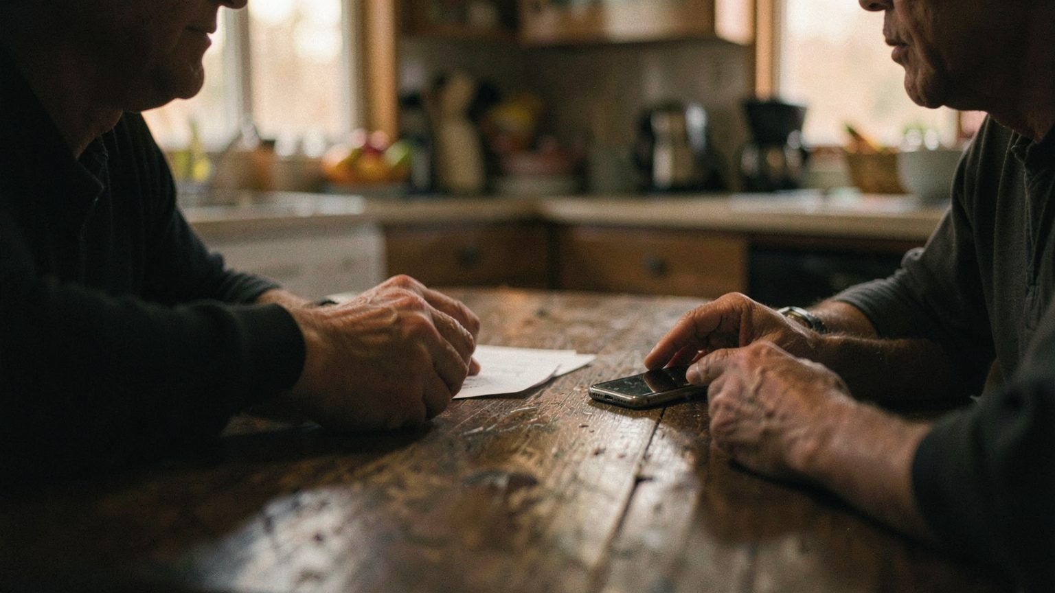 Candid editorial photo of two people sitting across a table in a tense, overdue conversation.