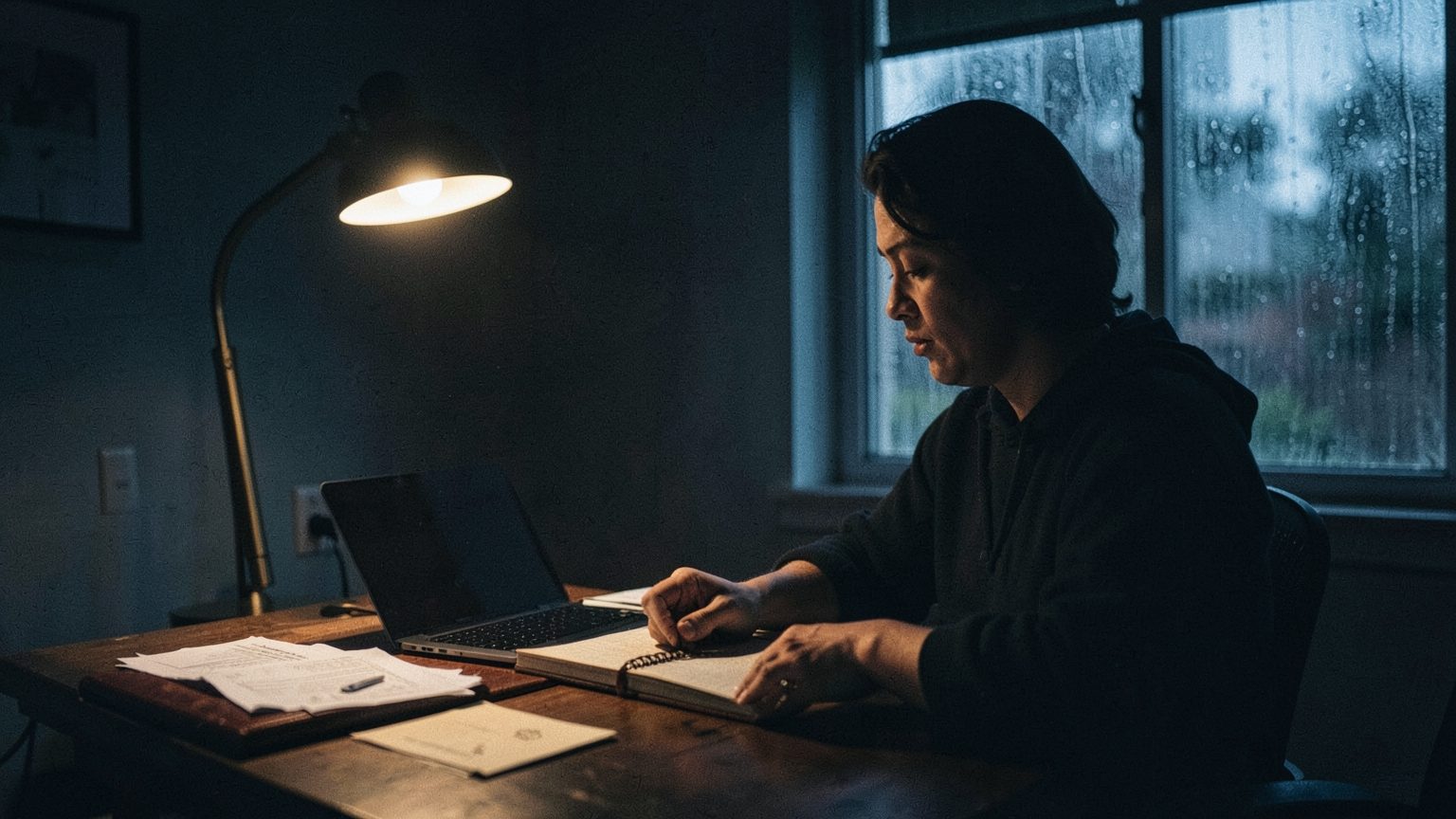 Editorial scene of a person quietly setting aside private paperwork in a dim home office