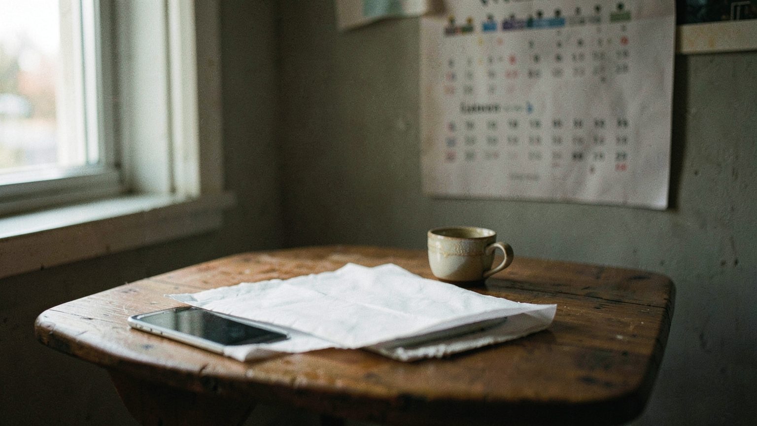 A dim kitchen table at dawn with a blank folded letter, a face-down phone, a cold cup of coffee, and an open wall calendar visible in the background, all lit by soft natural window light with muted autumn colors.
