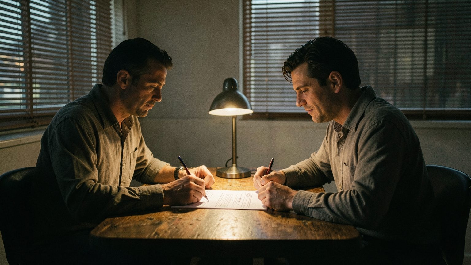 Two people reviewing a contract at a table before signing