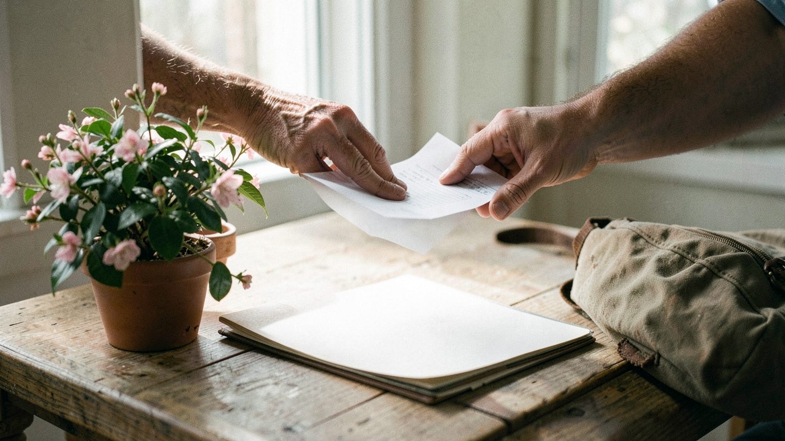 A realistic editorial scene of an open desk by a window with blank papers, a budget ledger, a travel bag, a flowering plant, and two hands hovering over the same documents in a quiet choice between expansion and restraint.