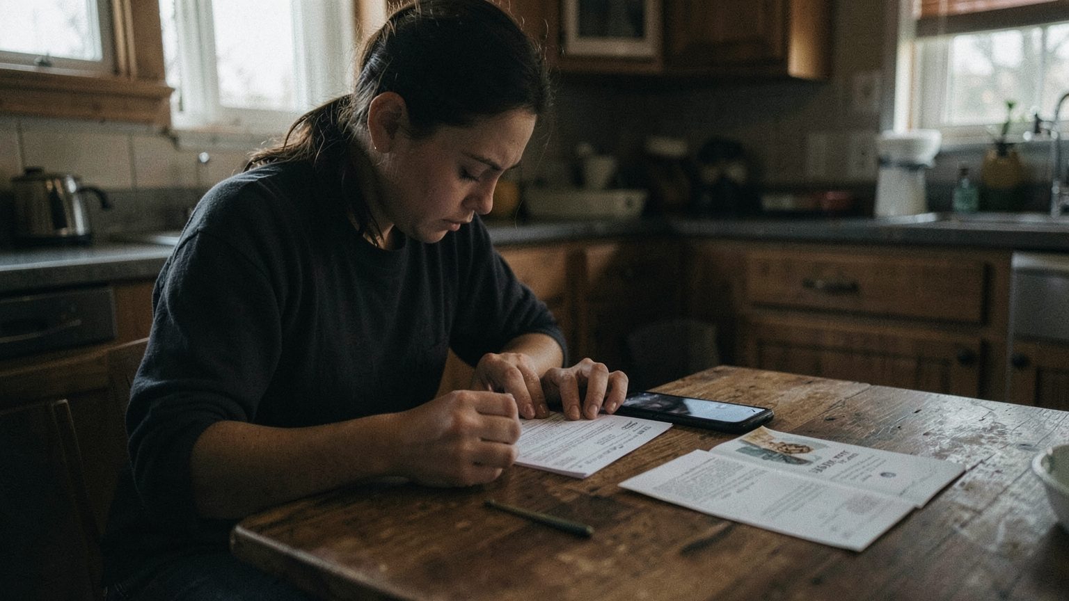Editorial photo concept of someone weighing relationship and money choices at a table during Venus retrograde