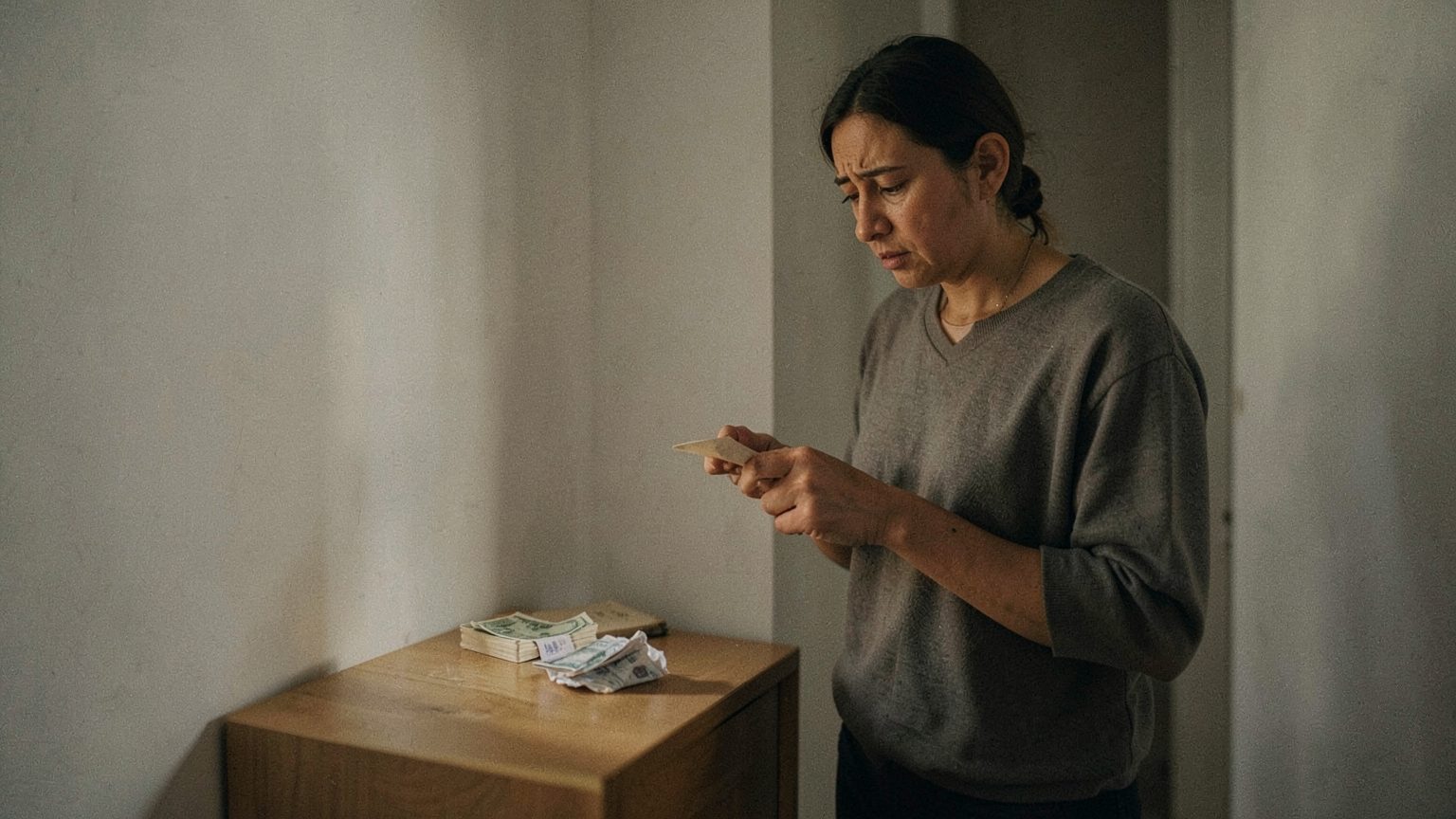 A lone adult stands in a softly lit apartment hallway, holding an opened envelope and looking down at a stack of bills on a console table, conveying quiet stress and resignation.