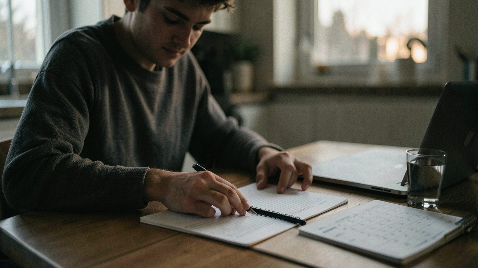 A person hesitating over a contract and notebook, suggesting a boundary decision at the Libra new moon.