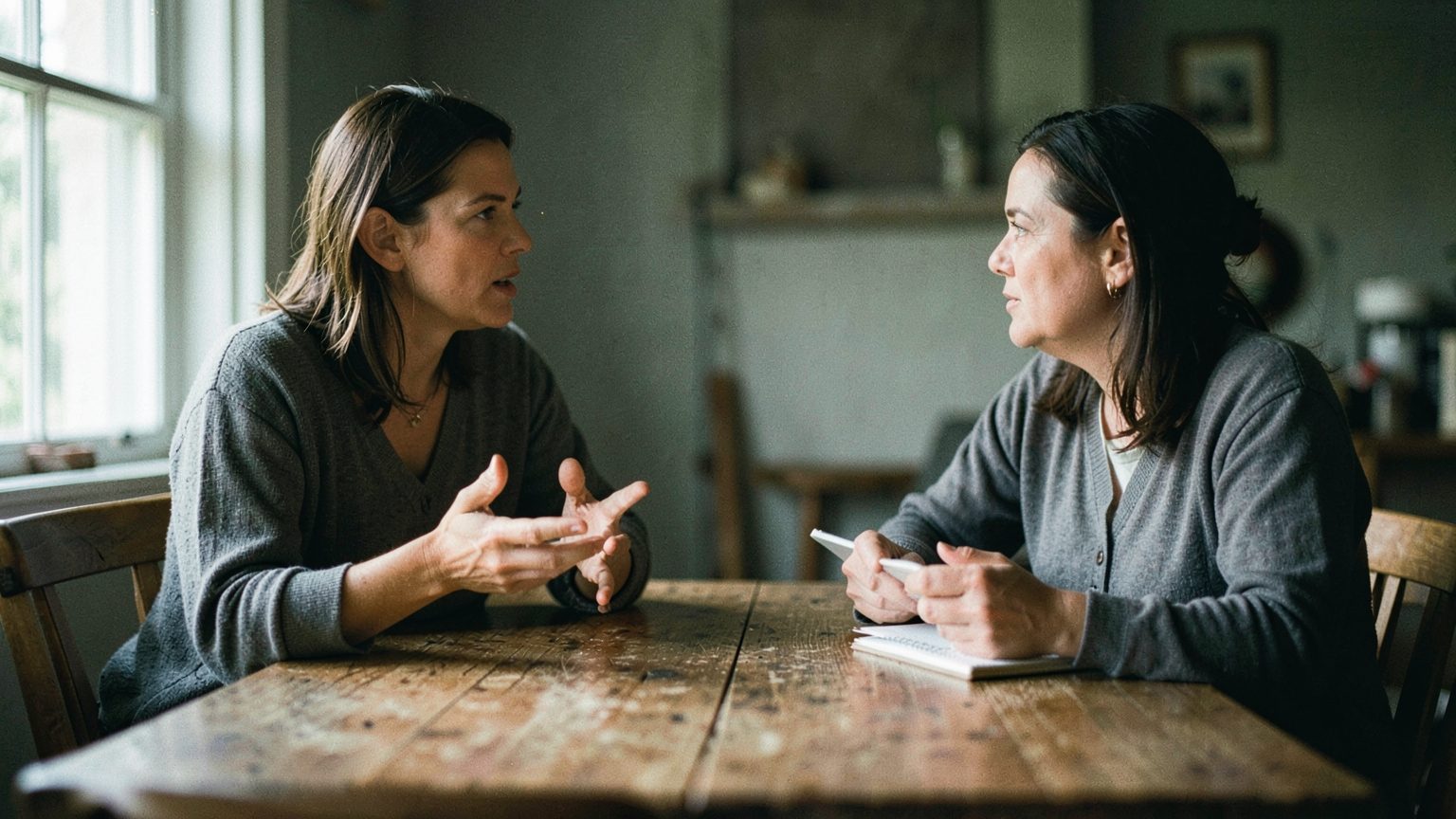 Editorial photo concept showing a serious relationship conversation for Juno square Mercury