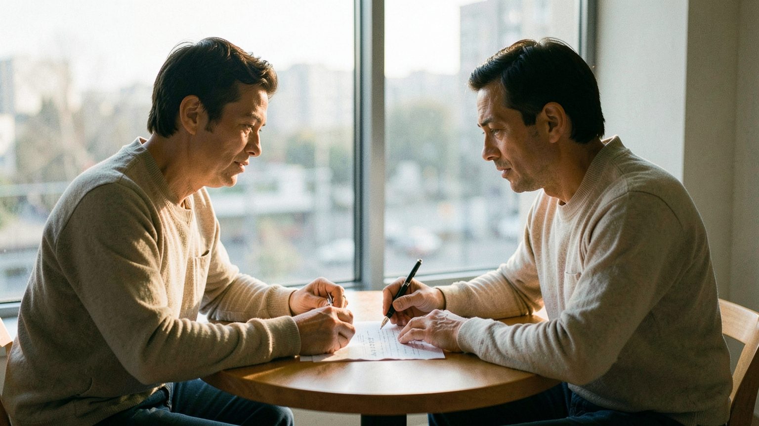 Two people reviewing an agreement at a table in soft editorial light
