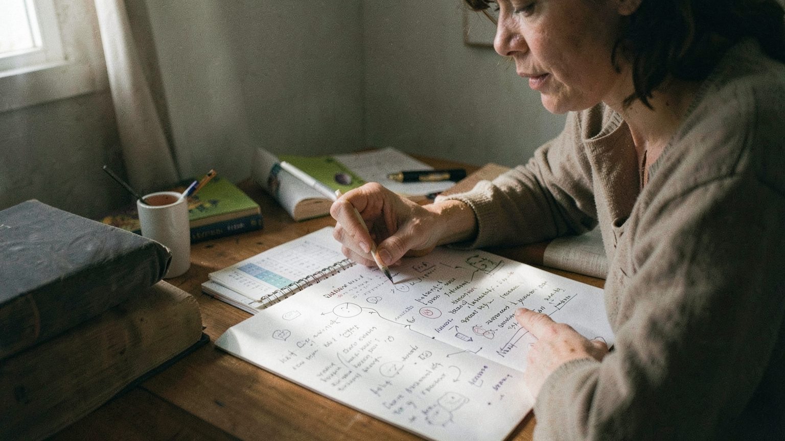 Editorial photo-style scene of someone sorting notes and ideas beside an open calendar and books