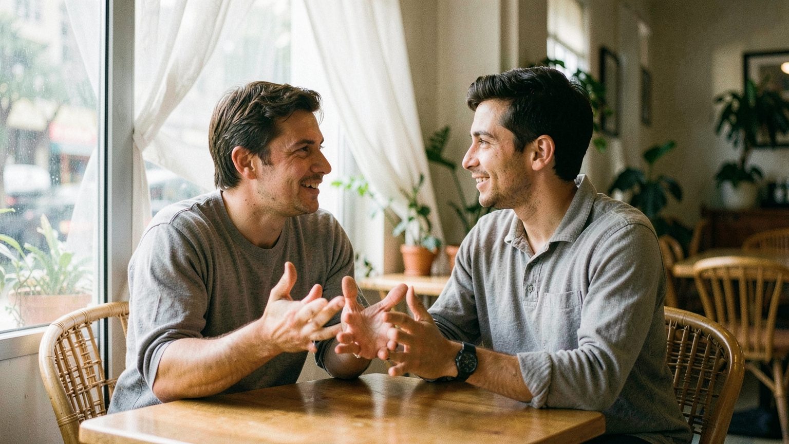 Editorial photo concept suggesting ease and connection between two people