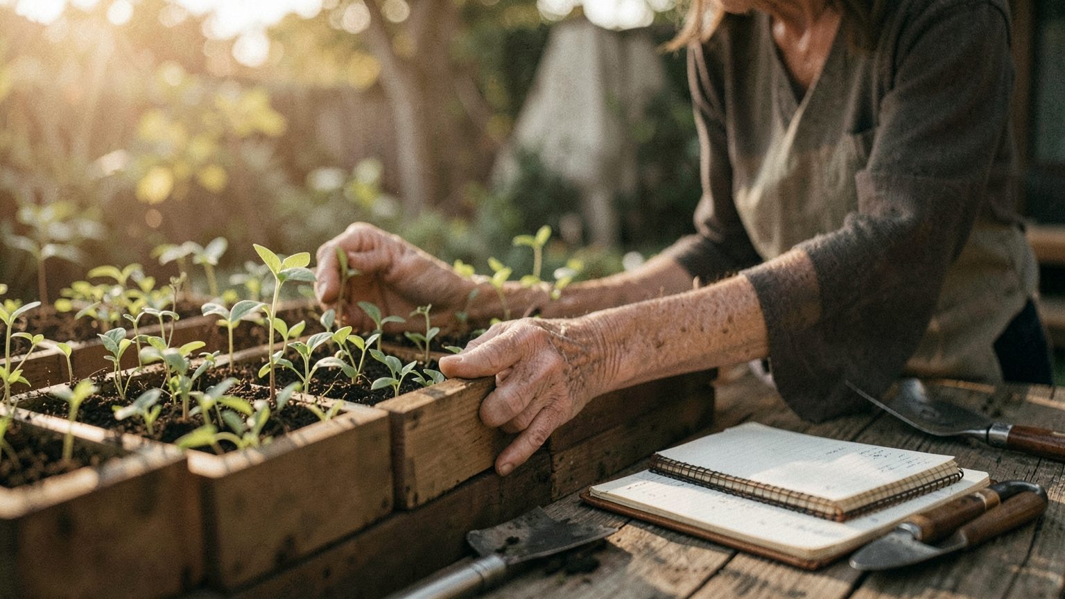 Editorial photo-style scene suggesting care and action for Ceres trine Mars