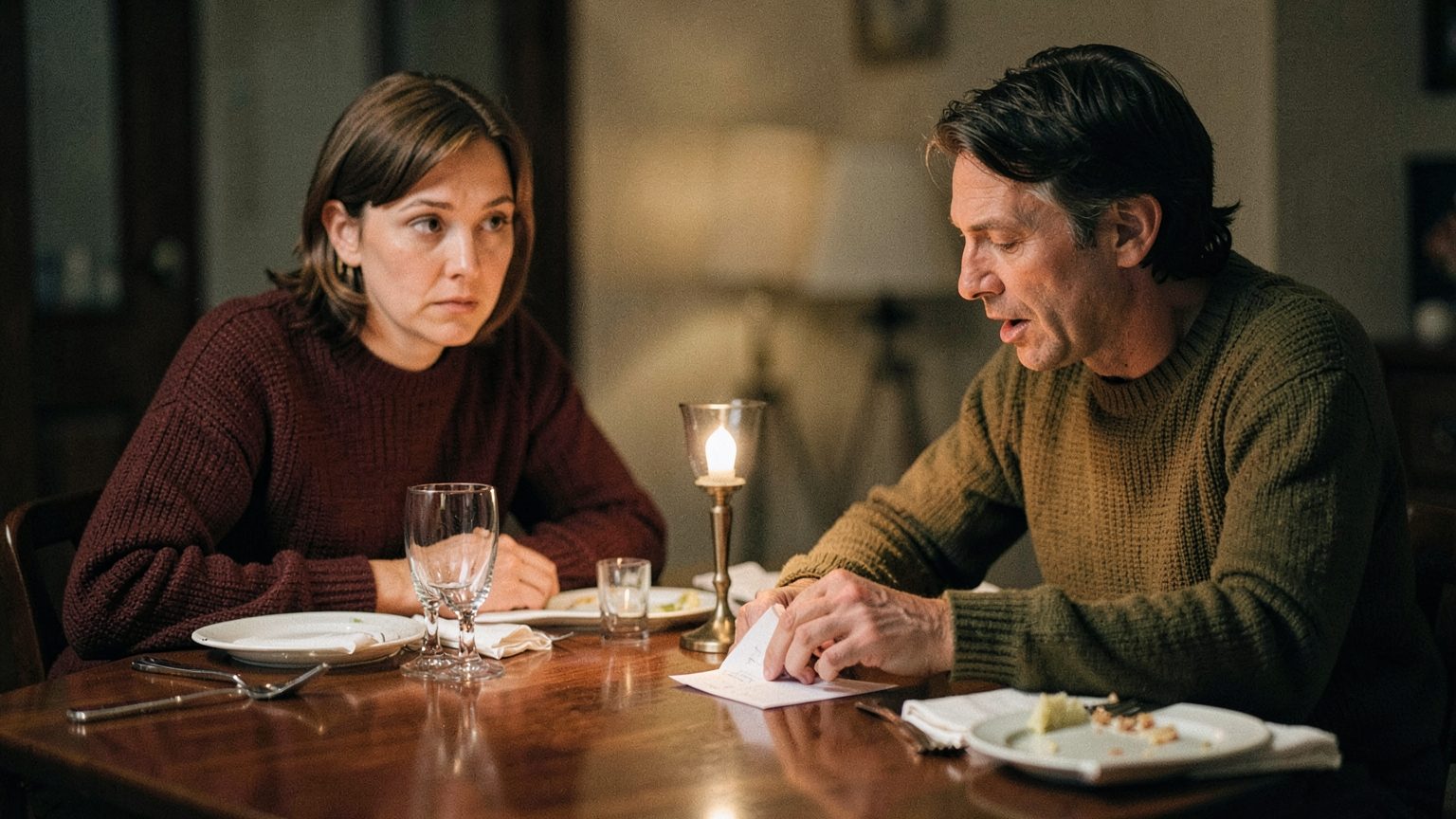 A candid dinner-table pause suggesting an avoided conversation returning to view