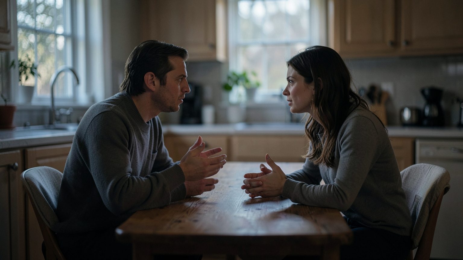 Editorial photo concept showing two people in a thoughtful relationship conversation