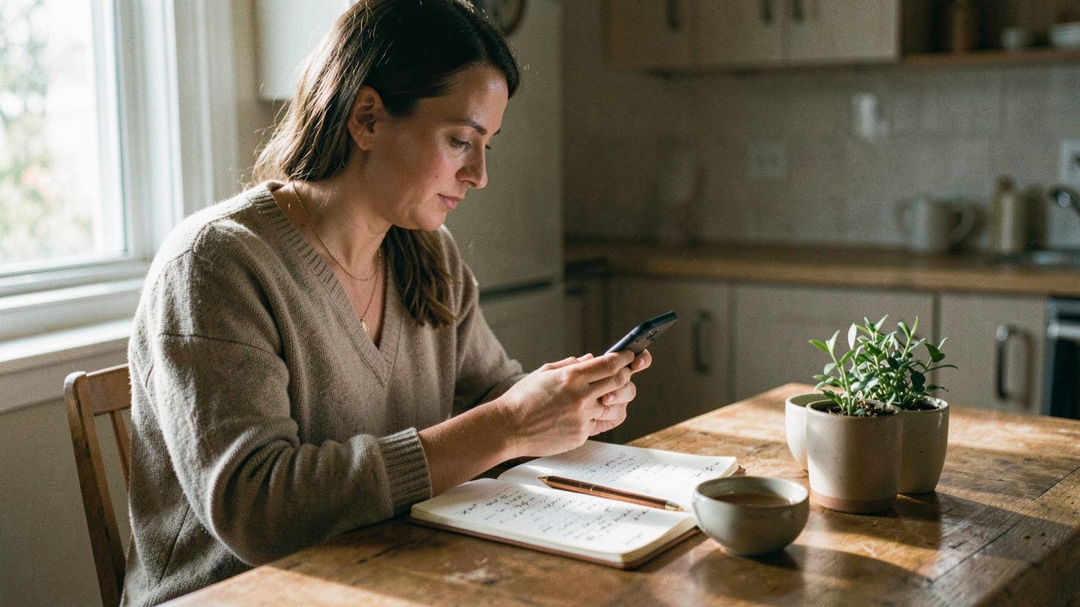 Candid editorial scene of someone pausing before replying, suggesting boundary-setting at a Libra new moon.