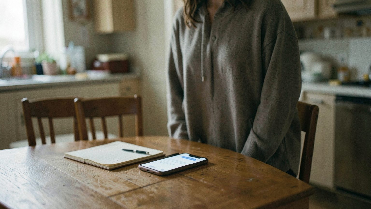 A person pausing at a table, suggesting the tension between pleasing others and meeting their own needs.