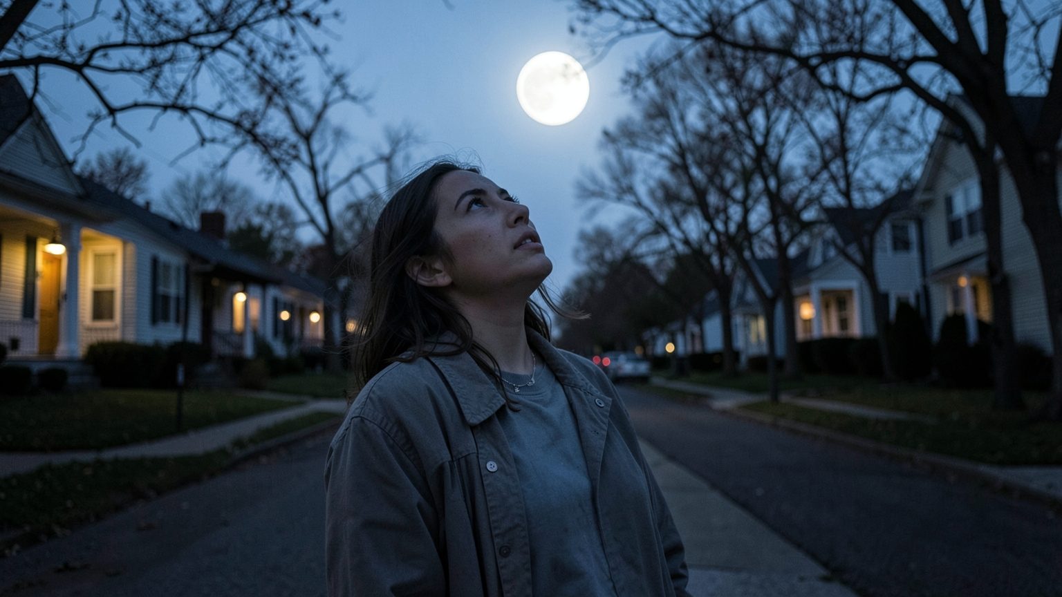Editorial-style photo of a person looking up at a full moon at dusk