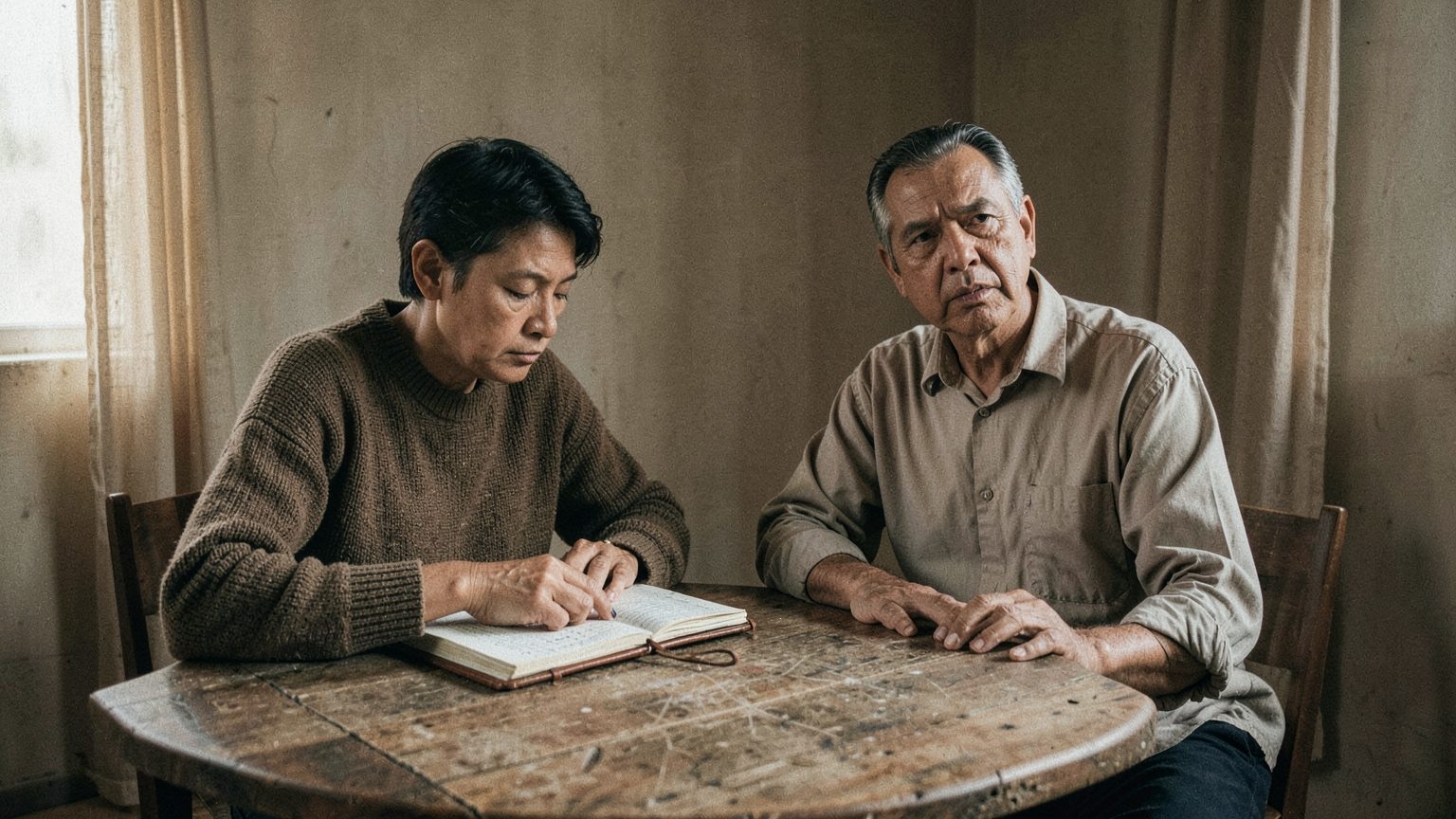 Two people in a quiet, reflective conversation in an editorial photo style