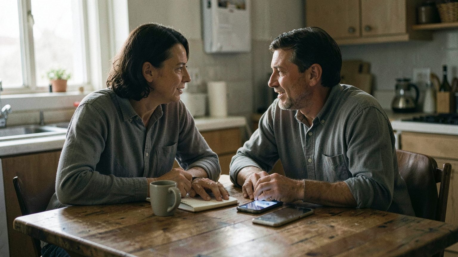 Two adults sit across from each other at a kitchen table in soft morning light, speaking quietly with a blank notebook, mug, and phone between them, creating a candid editorial scene about negotiation and boundaries.