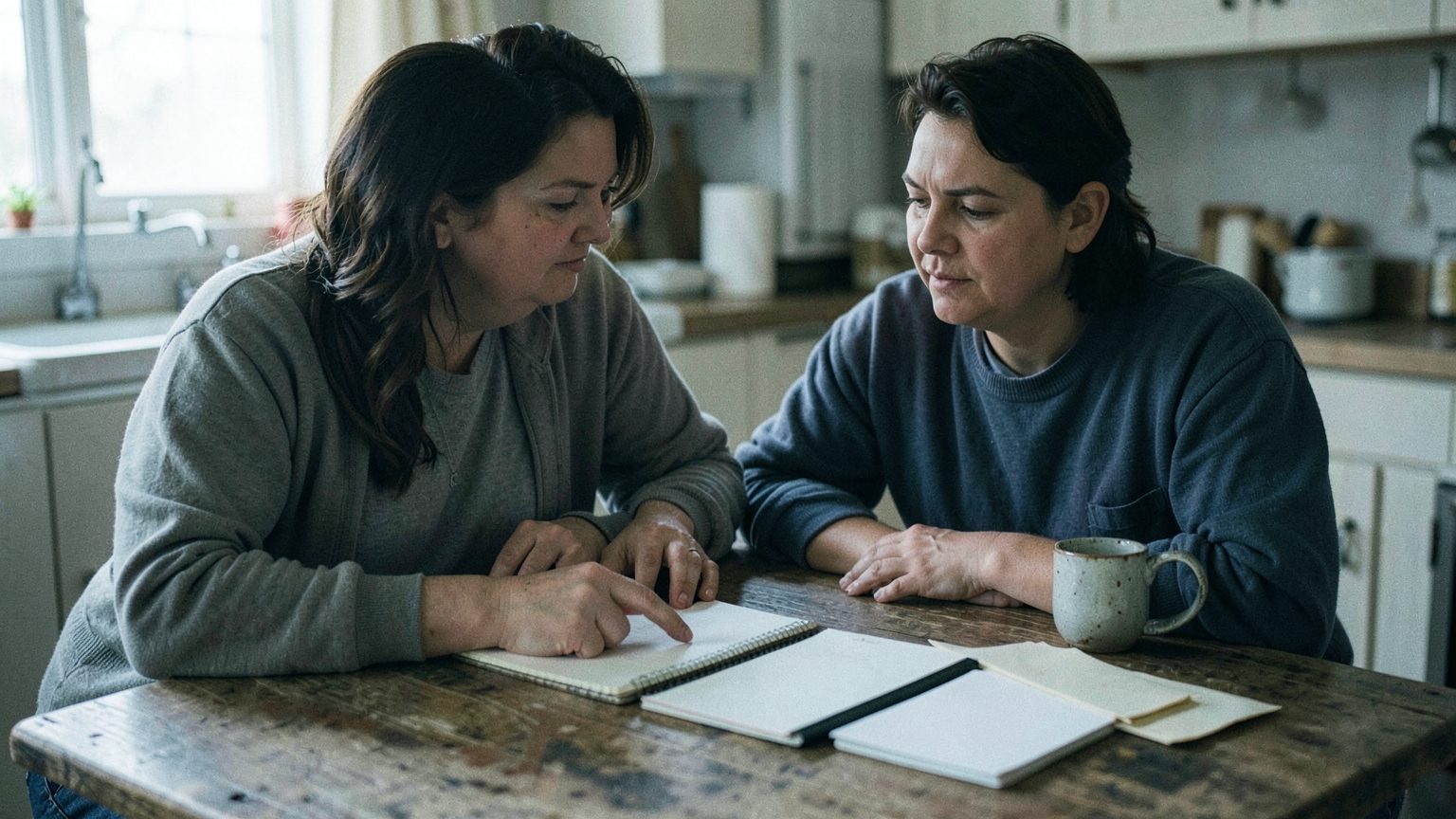 Two adults sit together at a kitchen table in soft window light, quietly discussing future plans with a blank notebook and plain envelopes between them, suggesting commitment and shared responsibility.
