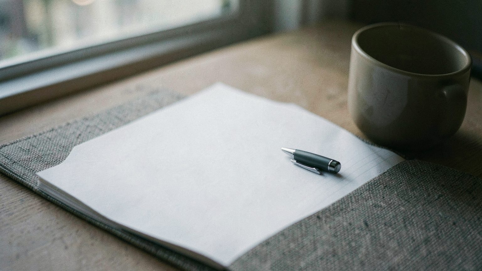 A softly lit newsroom-style desk scene with a blank draft page, pen, open notebook, and mug, photographed in a realistic candid style with no visible text.
