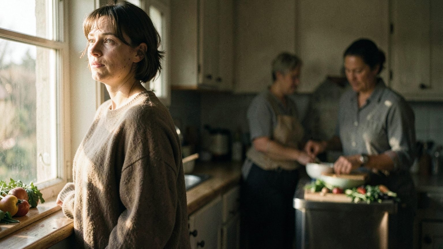 Editorial scene suggesting tension between self-expression and caregiving