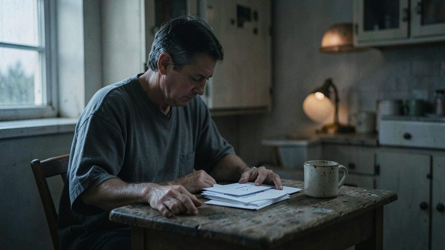 A solitary adult sits alone at a kitchen table at dusk, looking down at a stack of unopened envelopes with no readable text, while cool window light and a warm lamp create a quiet feeling of pressure and responsibility.