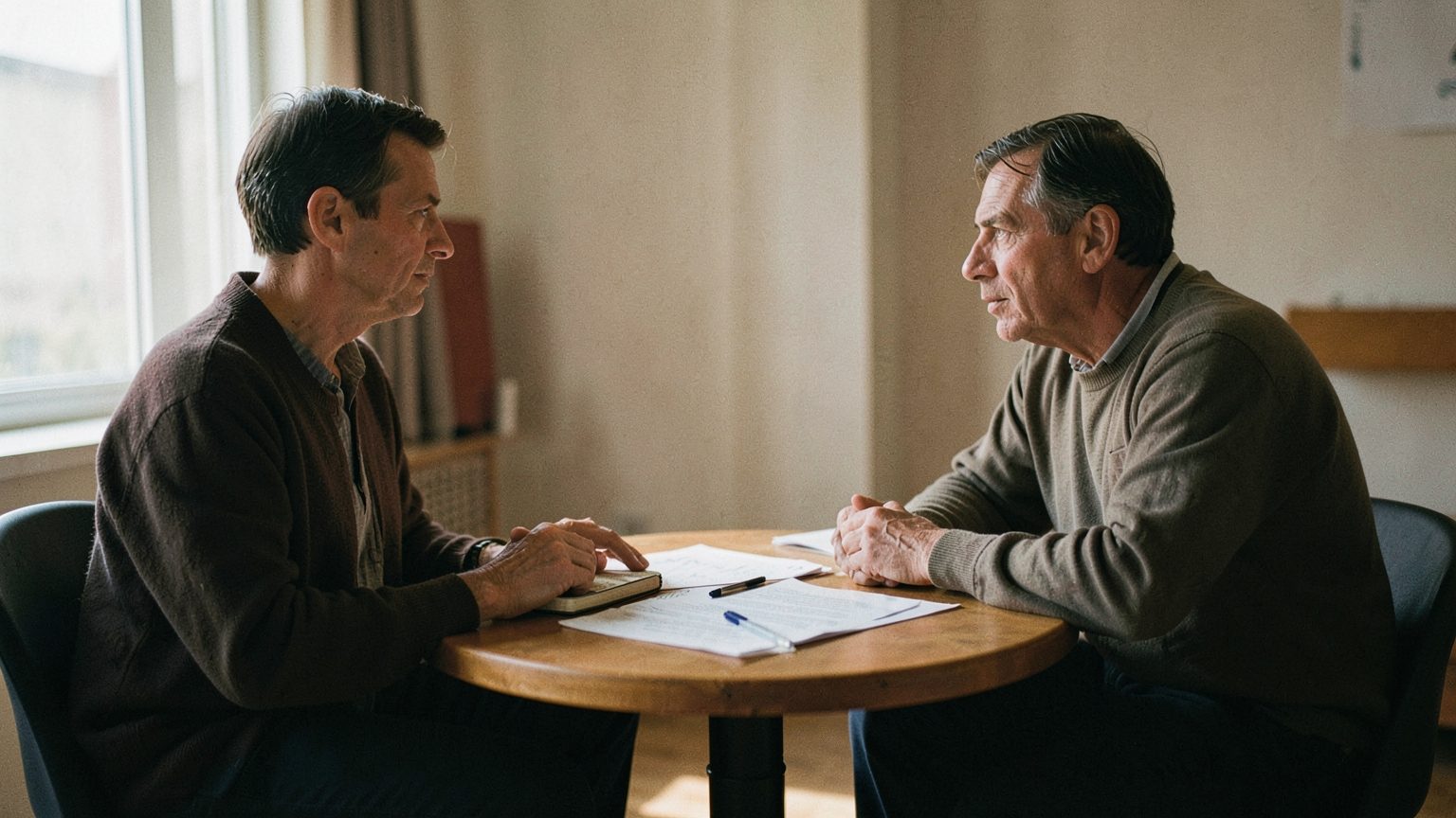Two people preparing to discuss a boundary or agreement at a table