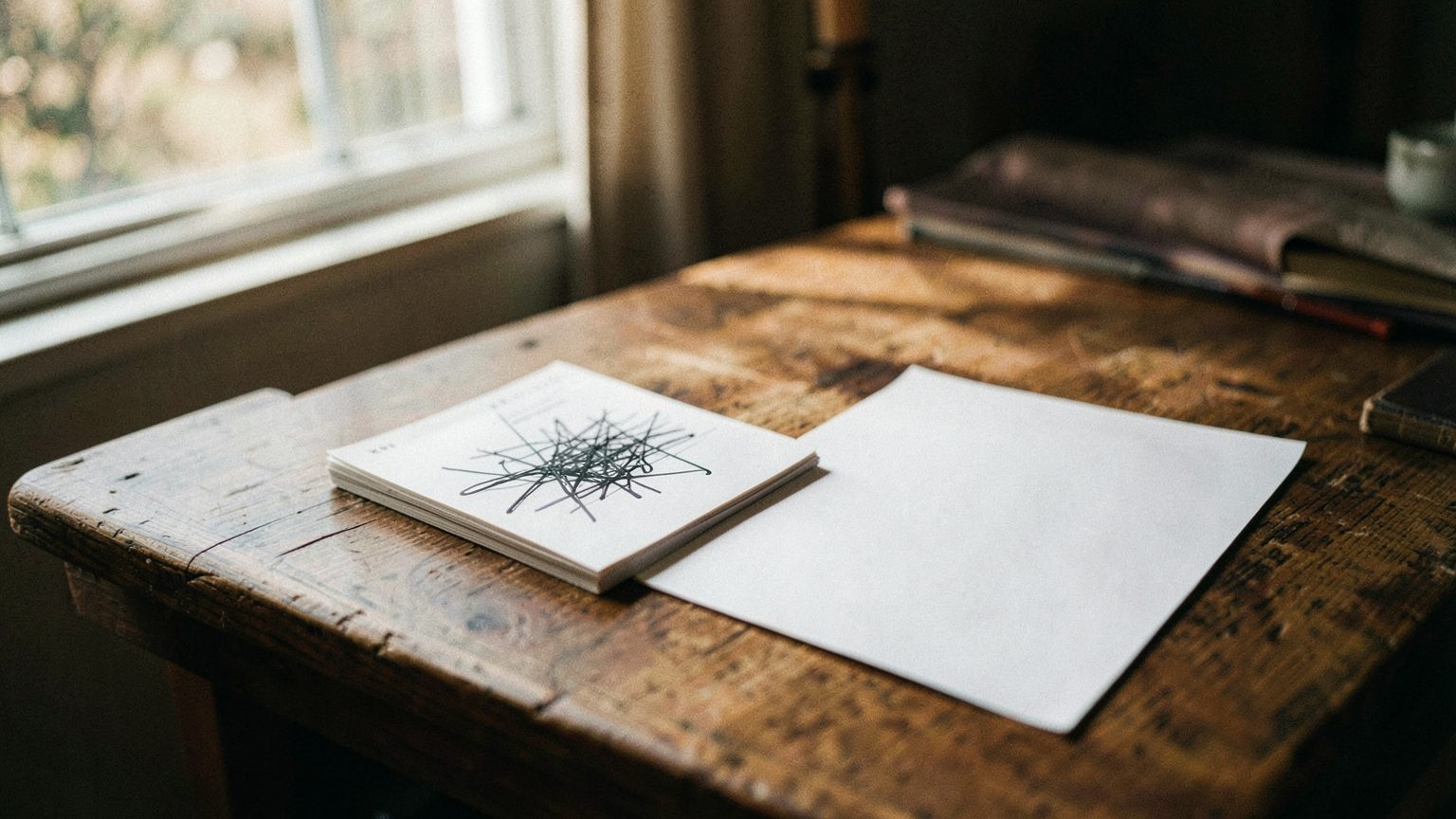 A late-autumn desk by a window with one paper note crossed out in bold scribbles and a clean blank note beside it, lit by warm natural light in a realistic editorial photograph.