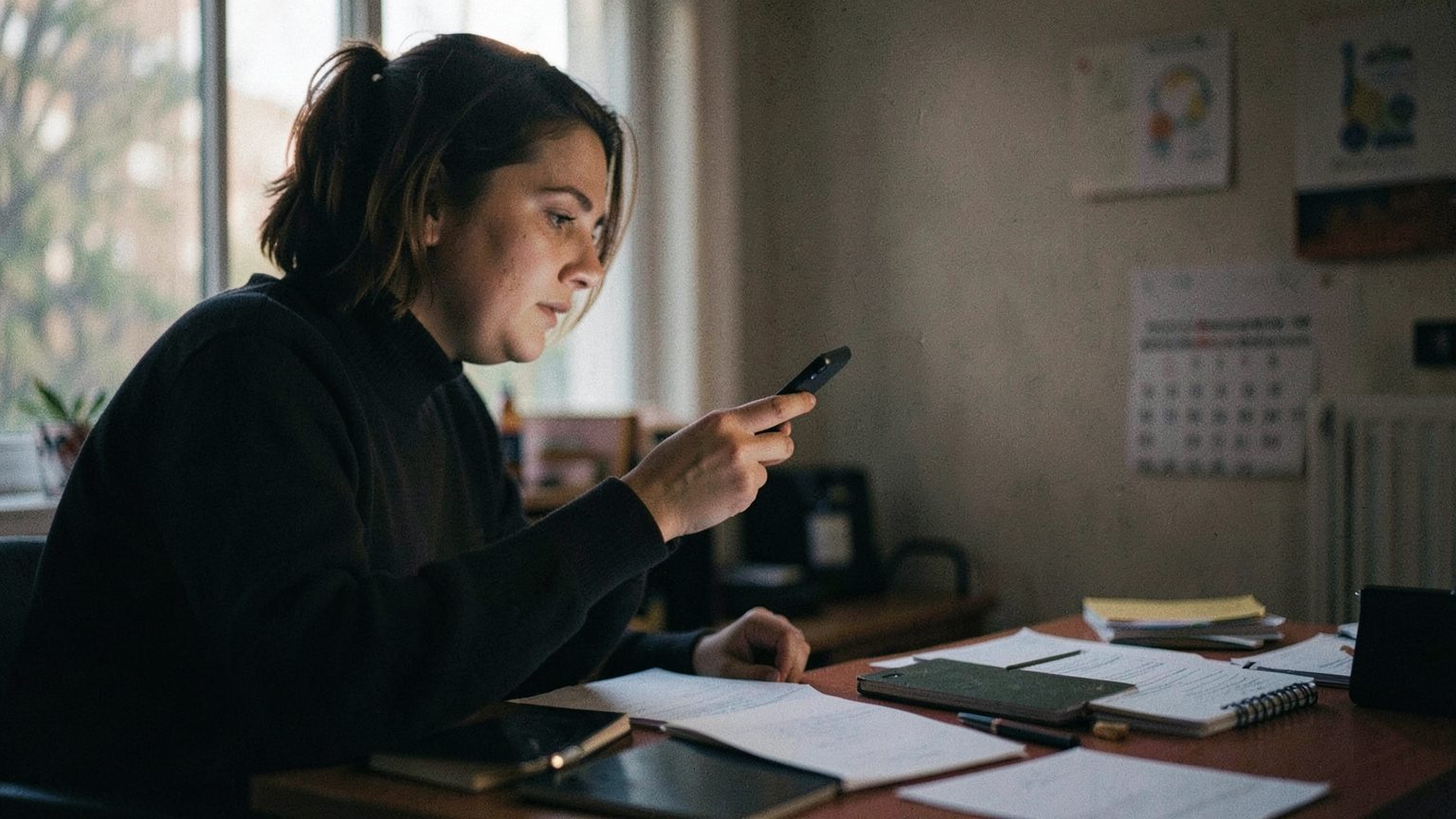 A person sits at a desk at dusk, holding a smartphone and looking frustrated while blank papers and an unmarked calendar lie nearby in soft window light.