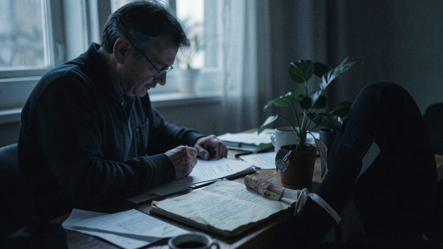 Editorial photograph of a person reflecting on limits and healing at a desk