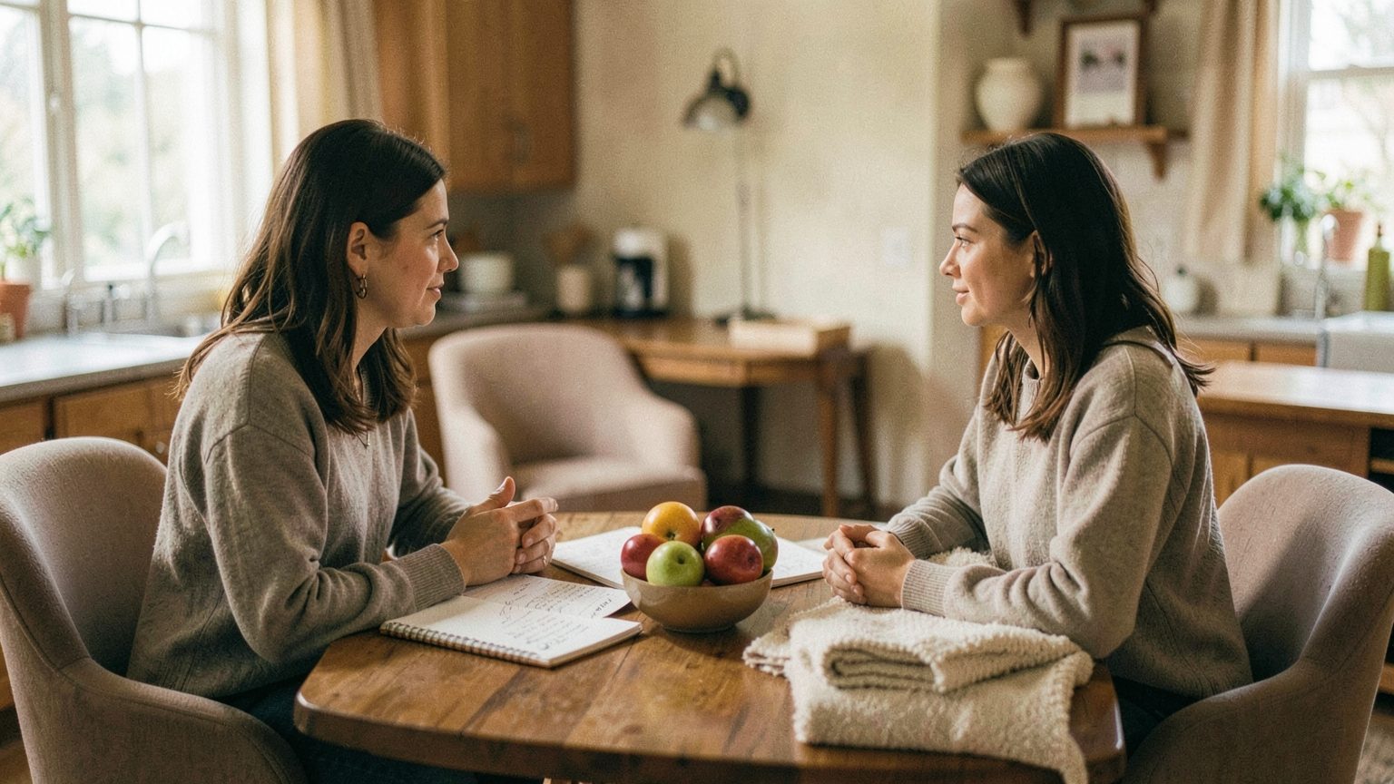Editorial photo concept showing two people negotiating care and boundaries across a table.