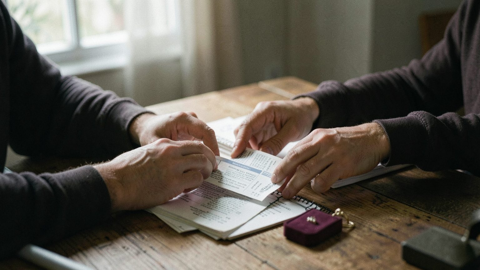 Candid editorial image of shared bills, a loan document and personal items on a table, suggesting the 8th house theme of shared money and dependency.