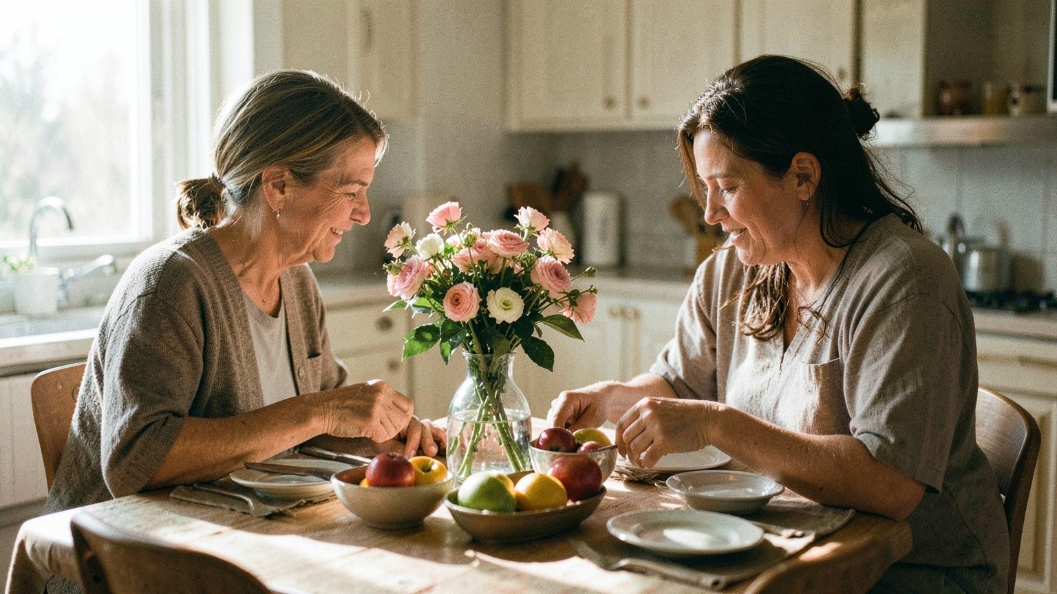 A candid editorial kitchen scene suggesting care, affection, and shared nurture