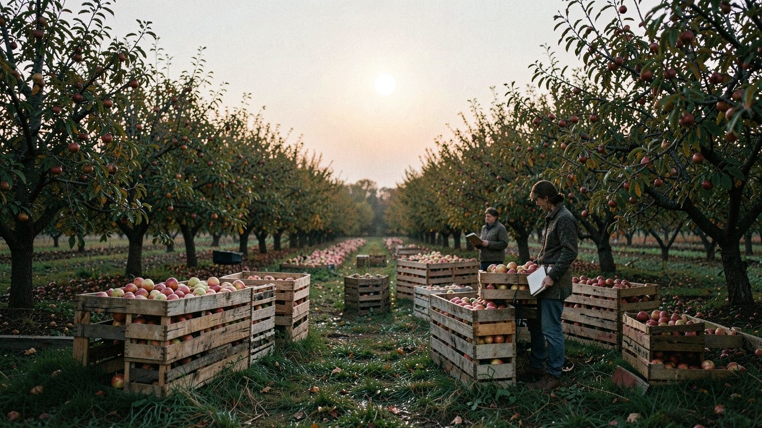 A wide editorial photograph of an autumn orchard at dawn with a full moon low in the sky, a person standing beside unmarked wooden apple crates and harvested produce, looking over the rows in soft morning light.