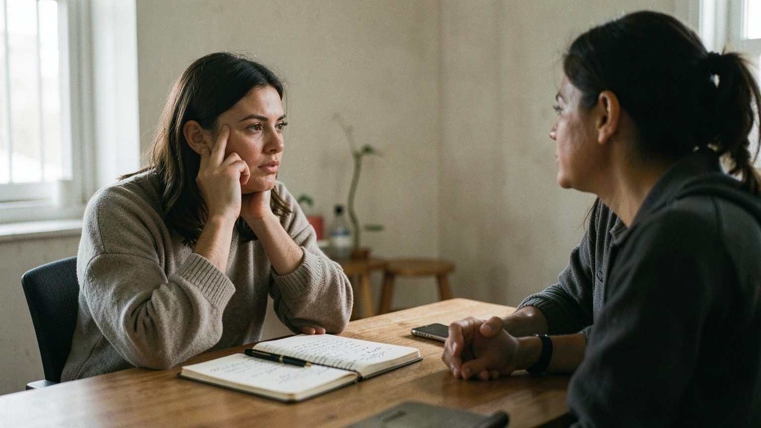 A candid editorial scene suggesting honest conversation and reflective writing