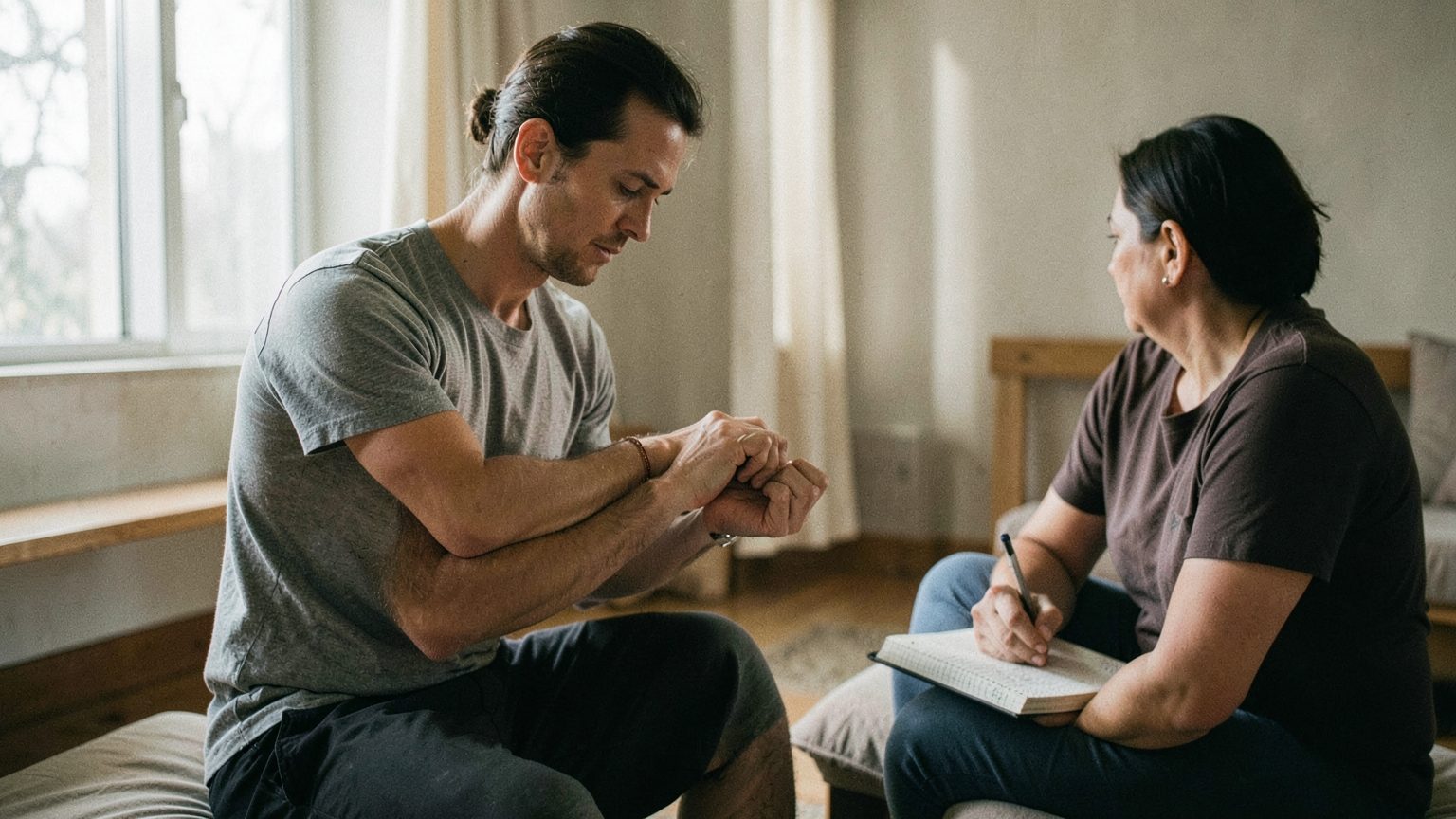 A realistic editorial scene suggesting healing through action and courage