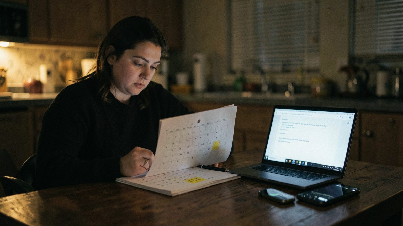A person re-reading a message and calendar during Mercury retrograde season