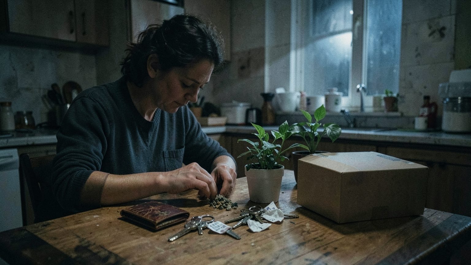 Editorial scene of a person sorting what to keep and what to let go under moonlight.