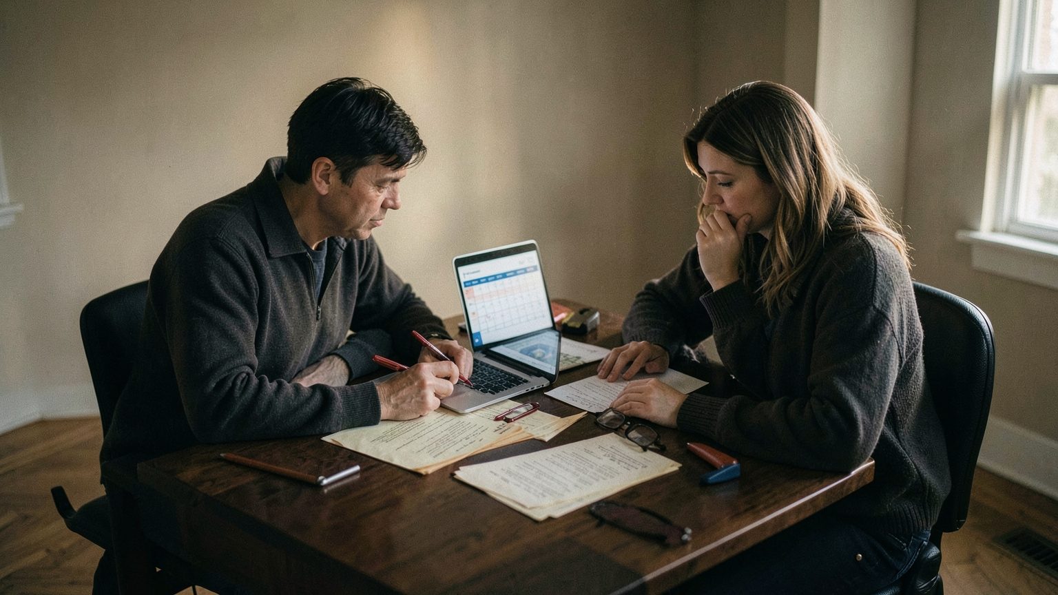 Two people reviewing agreements and deadlines in a quiet office before a late-October cutoff