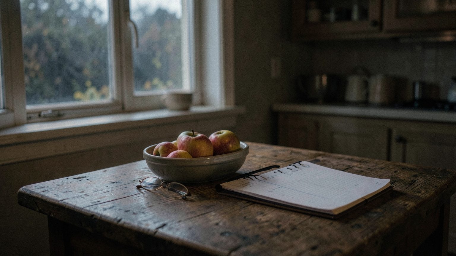 A quiet late-autumn kitchen table by a window at dusk, with a bowl of fruit, reading glasses, and a closed ledger in soft moonlight, photographed in a natural editorial style.