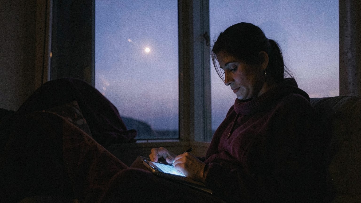 A person at dusk reviewing notes while looking out at the evening sky.