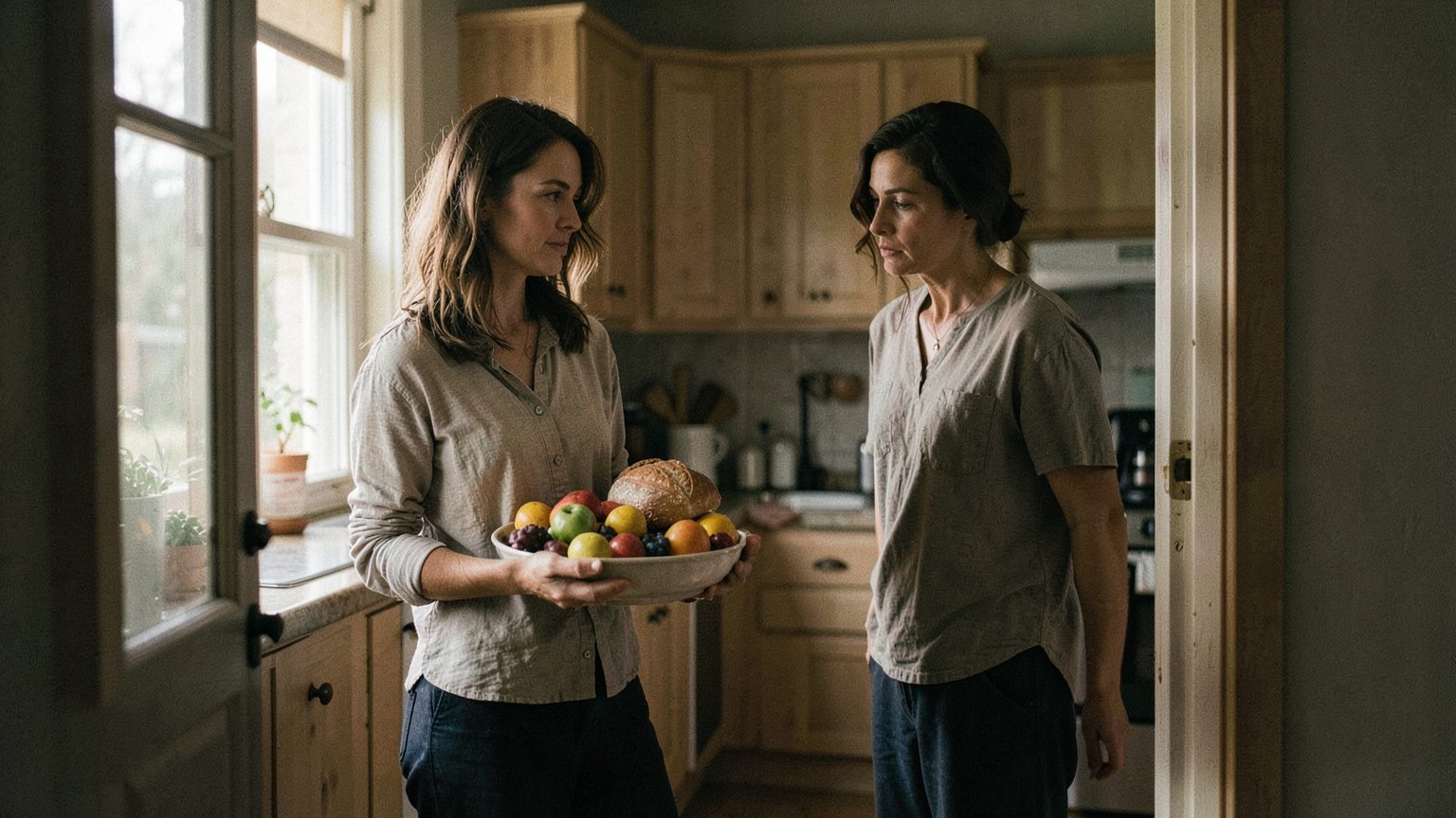 Editorial photo concept showing care, boundaries, and relationship balance at a doorway