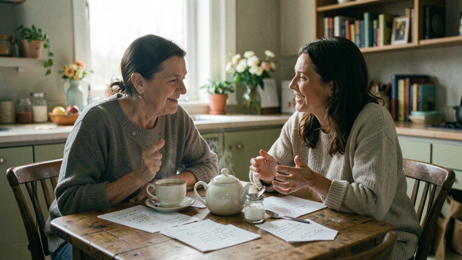 Candid editorial photo concept showing caring conversation and practical communication