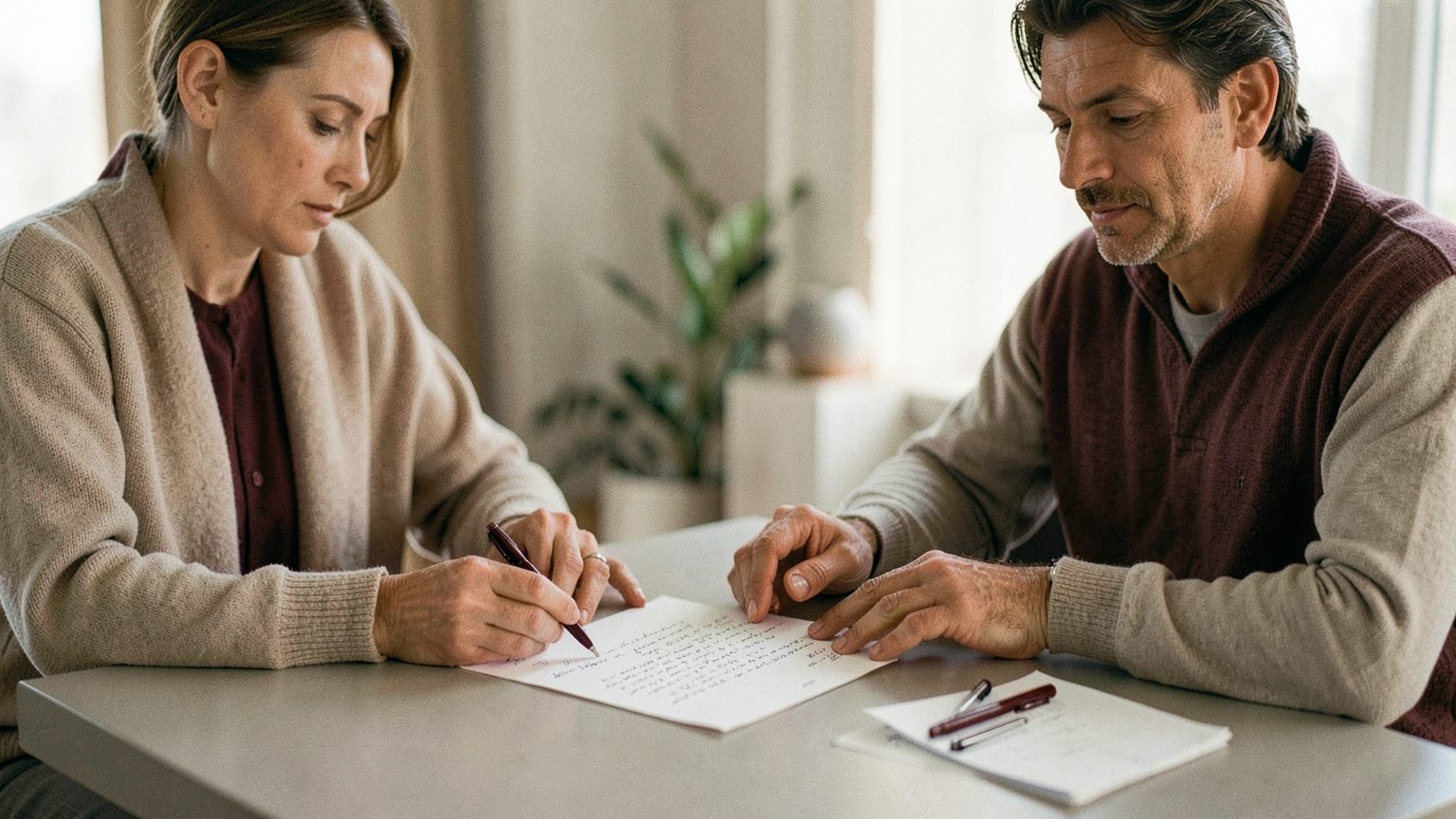 Two people reviewing an agreement at a table in a balanced, softly lit editorial scene.